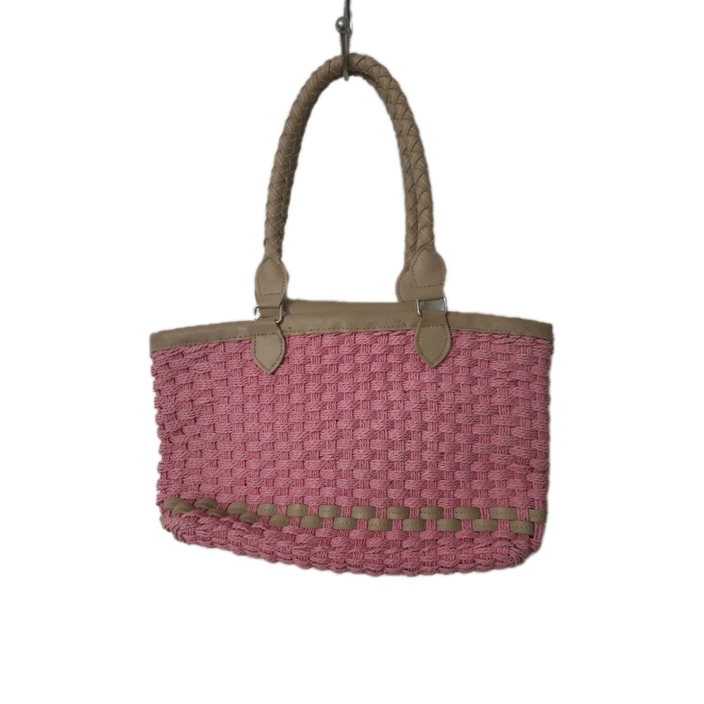 Vintage Fabric Lined Woven Shoulder Handbag Purse Tote Pink Brown 14" x 8" - Picture 3 of 4